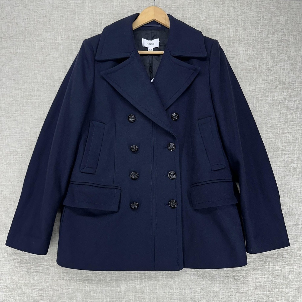 Reiss Coat Womens 4 Navy Cashmere Blend Double Breasted Short Wool Peacoat
